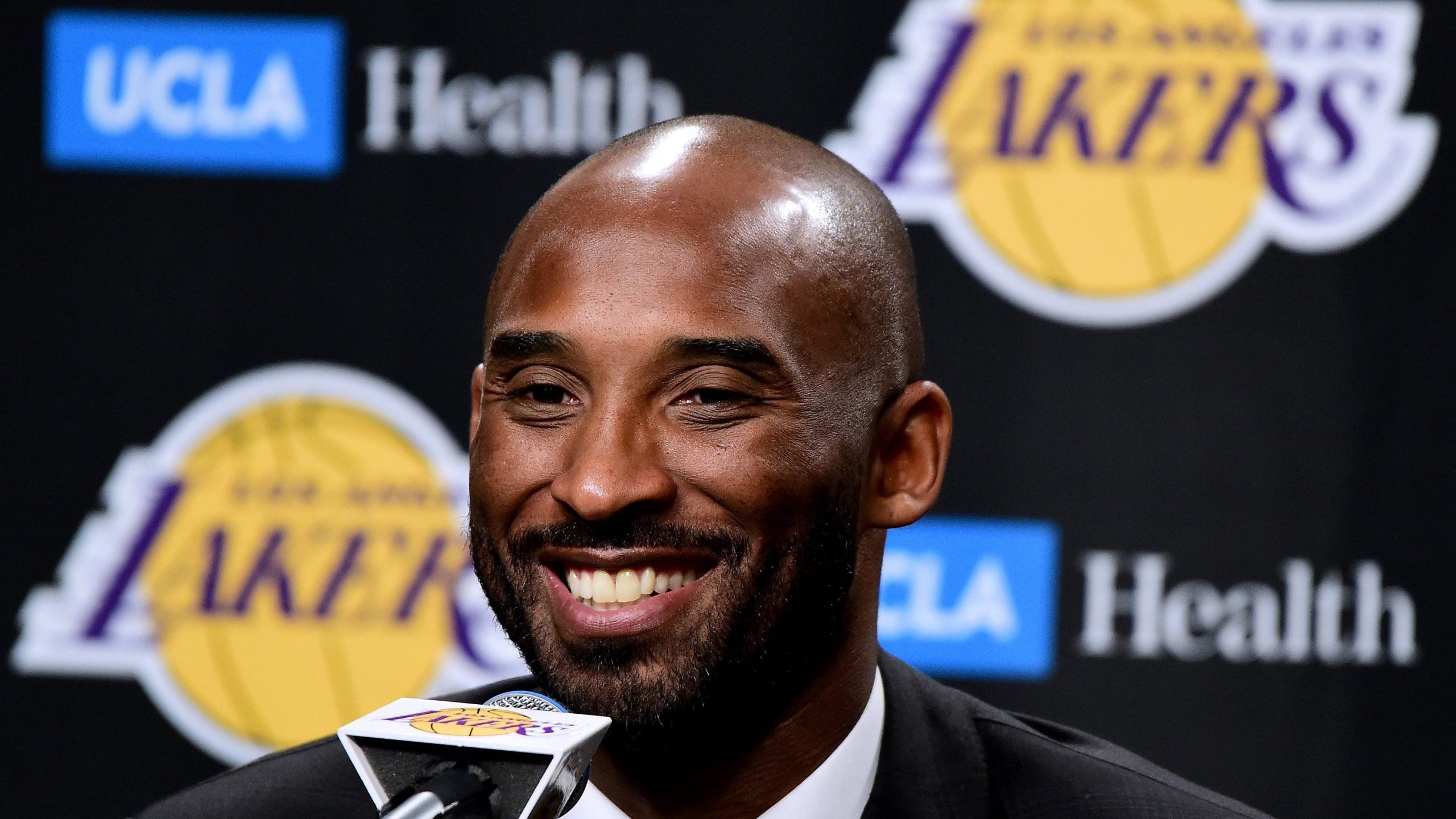 Kobe Bryant speaks to the media at a press conference before his No. 8 and No. 24 jerseys are retired by the Los Angeles Lakers at Staples Center on Dec. 18, 2017. (Credit: Harry How/Getty Images)