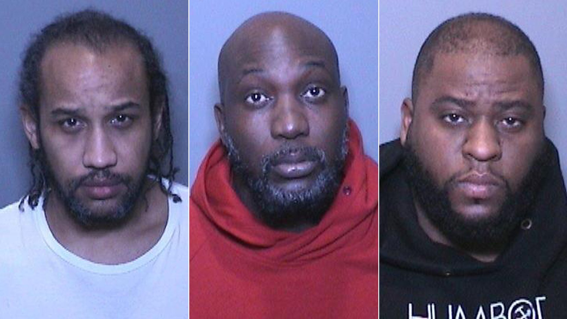 From left: Andre Andrews, Omar Miller and Devon Quinland are seen in booking photos released Jan. 23, 2020, by the Orange County District Attorney's Office.