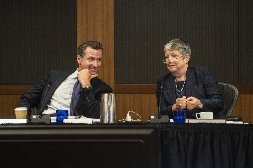 Governor and UC Board of Regents ex-officio member Gavin Newsom and UC President Janet Napolitano are shown in this undated photo. (Credit: Nicholas Agro / Los Angeles Times)