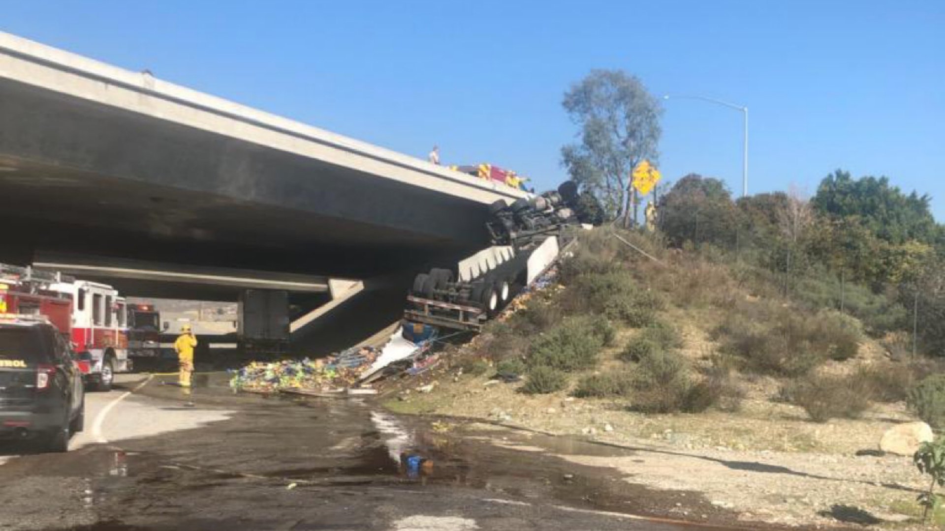 Fontana police tweeted out a photo of a Pespi struck that went over the side of the 15 Freeway on Jan. 8, 2020.