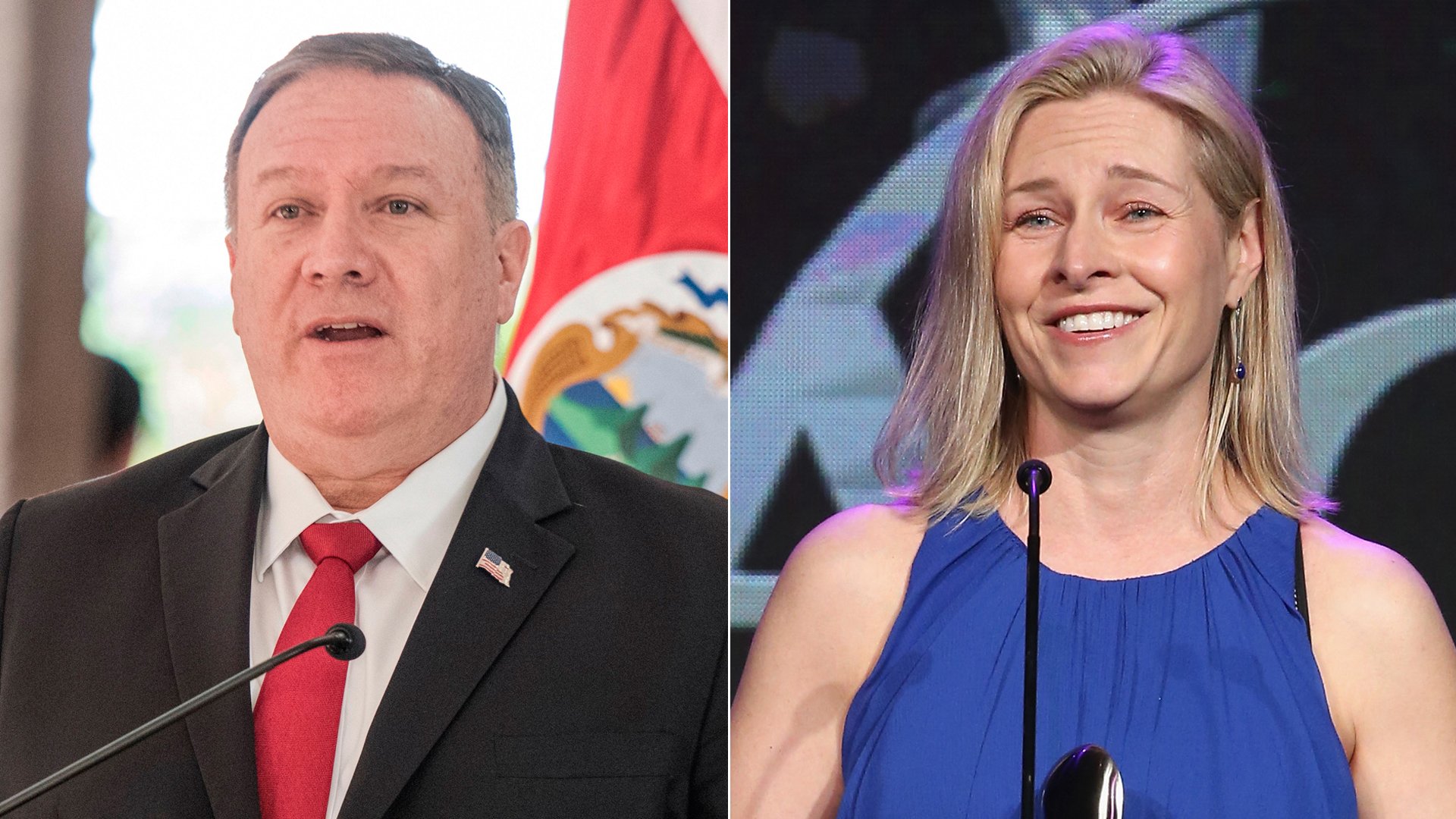 Mike Pompeo, left, speaks during a press conference in San Jose, Puerto Rico on Jan. 21, 2020. Mary Louise Kelly, right, speaks at the Gracie Awards at the Beverly Wilshire Four Seasons Hotel on May 22, 2018. (Credit: EZEQUIEL BECERRA/AFP via Getty Images; Jesse Grant/Getty Images for Alliance for Women in Media)