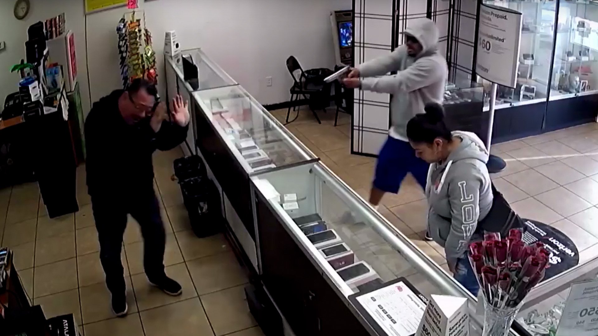 Security camera footage released by the San Bernardino Sheriff's Department shows an armed robbery that took place on Dec. 16, 2019, at a T-mobile store in Highland.