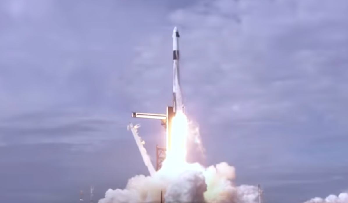 A still from a video released by SpaceX shows a Falcon rocket lifting off from Cape Canaveral, Florida on Jan. 19, 2020.