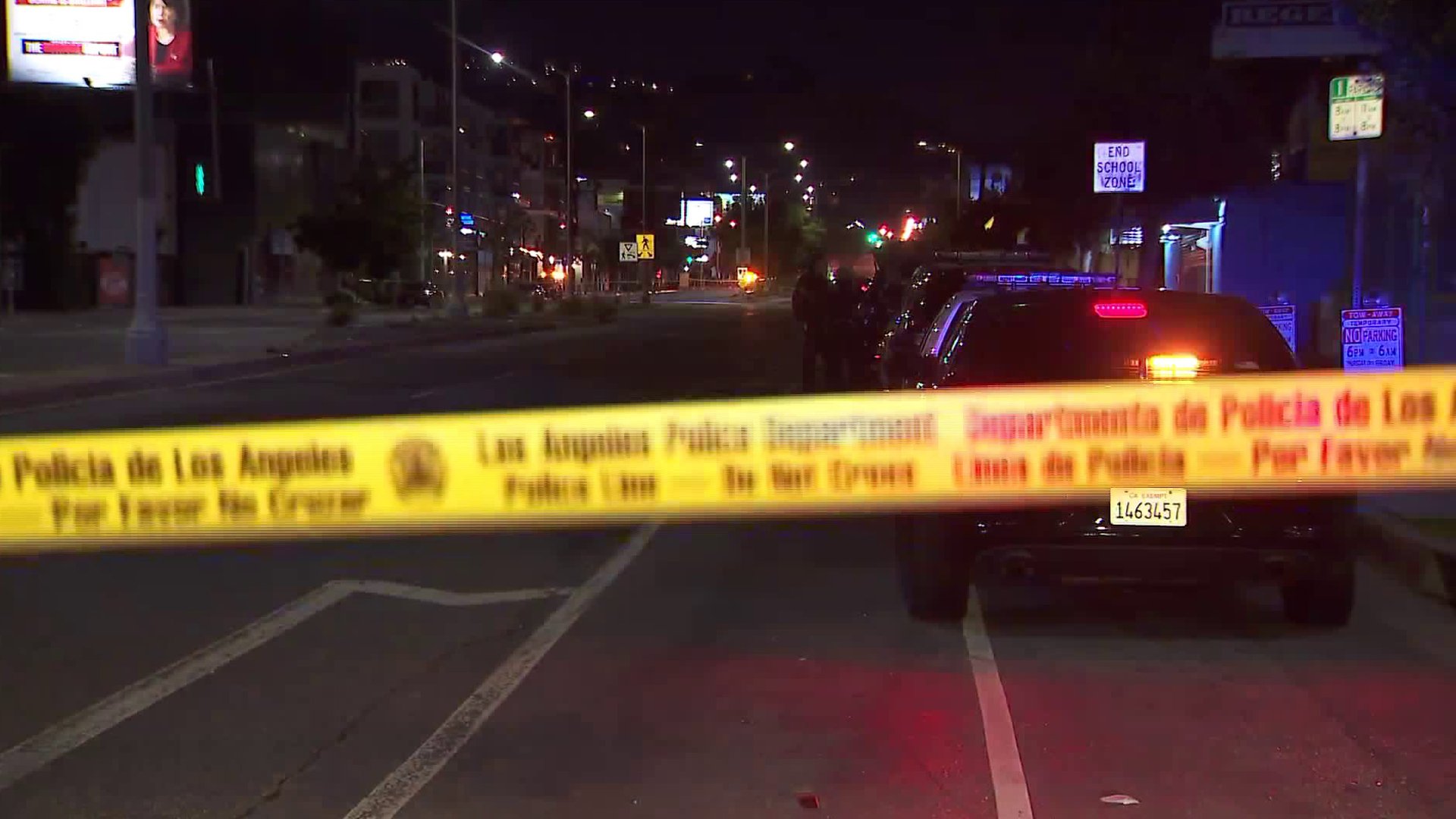 A Los Angeles Police Department crime scene tape is seen on Fairfax Avenue in the West Hollywood area, where a deadly shooting took place on Jan. 20, 2020. (Credit: KTLA)