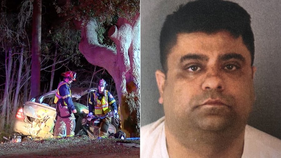 A Toyota Prius plowed into a tree in Temescal Valley after Anurag Chandra, right, allegedly intended to strike it in a deadly crash on Jan. 20, 2020. (Credit: Loudlabs, California Highway Patrol)