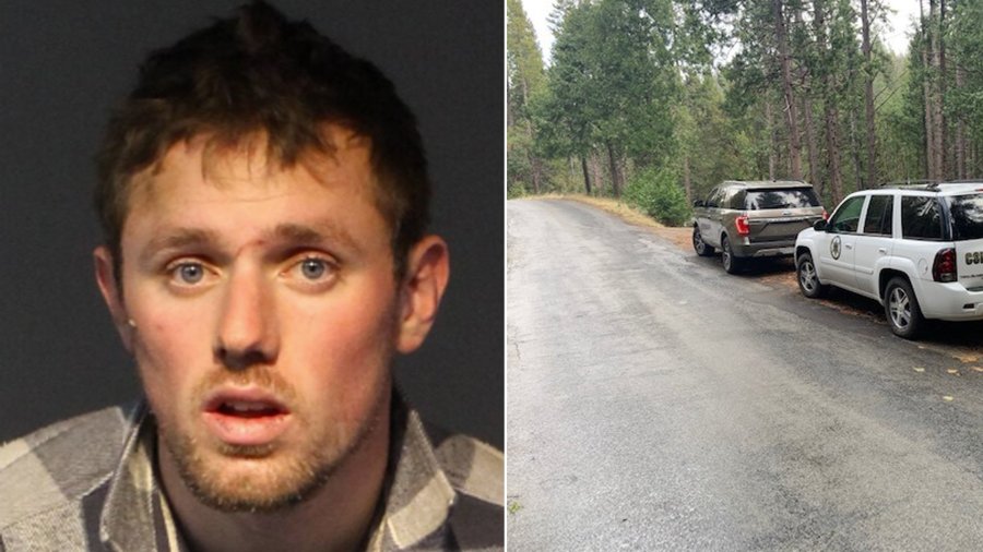 Sean Purdy, 20, is seen in an undated booking provided by the Washoe County Sheriff’s Office. On the right, Deputies search an area in Amador Pines, Pioneer, in a photo released by the Amador County Sheriff's Office.