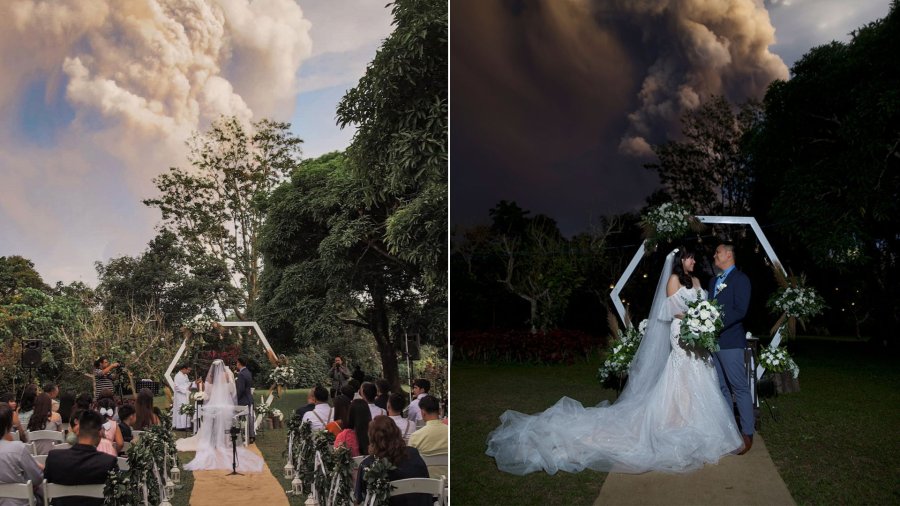 Chino and Kat Vaflor were tying the knot at a venue 10 miles from the Taal Volcano when wedding photographer Randolf Evan captured dramatic shots of the couple with the ash plume seemingly overhead. (Credit: Randolf Evan Photograph via CNN)