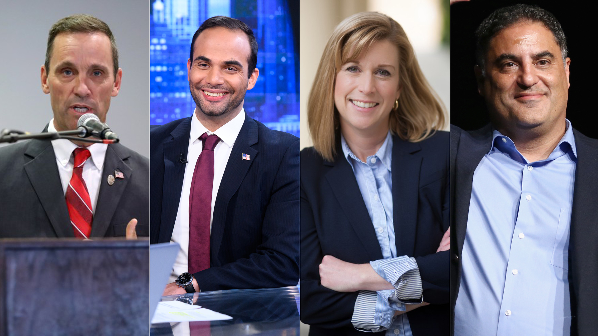 (Left to right) Steve Knight, George Papadopoulos, Christy Smith and Cenk Uygur are shown in file images. (Getty Images and Los Angeles Times)