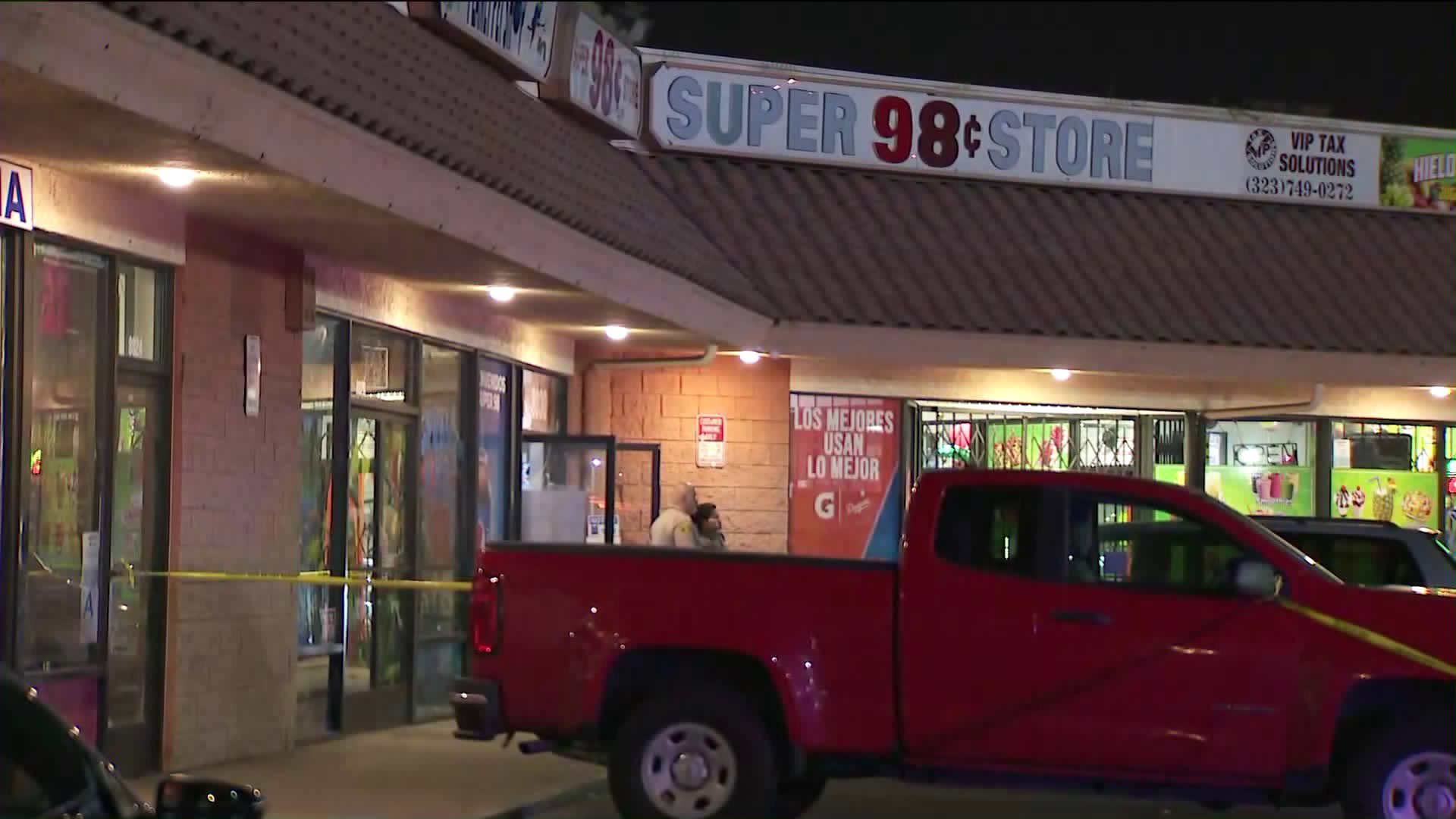 Deputies investigate a shooting that left a woman wounded in the head at the Super 98 Cent Store in Cudahy on Feb. 23, 2020. (Credit: KTLA)