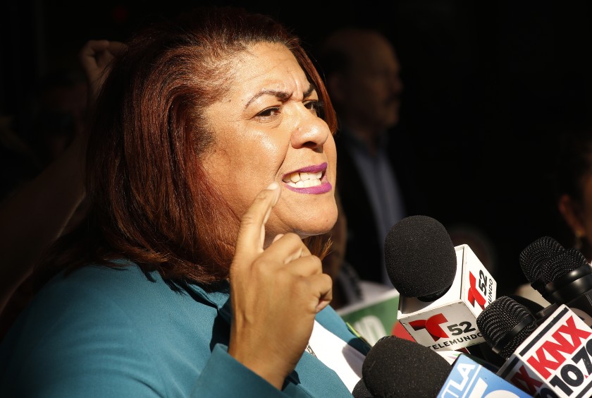 Cecily Myart-Cruz speaks during a 2019 news conference on union negotiations. (Al Seib / Los Angeles Times)