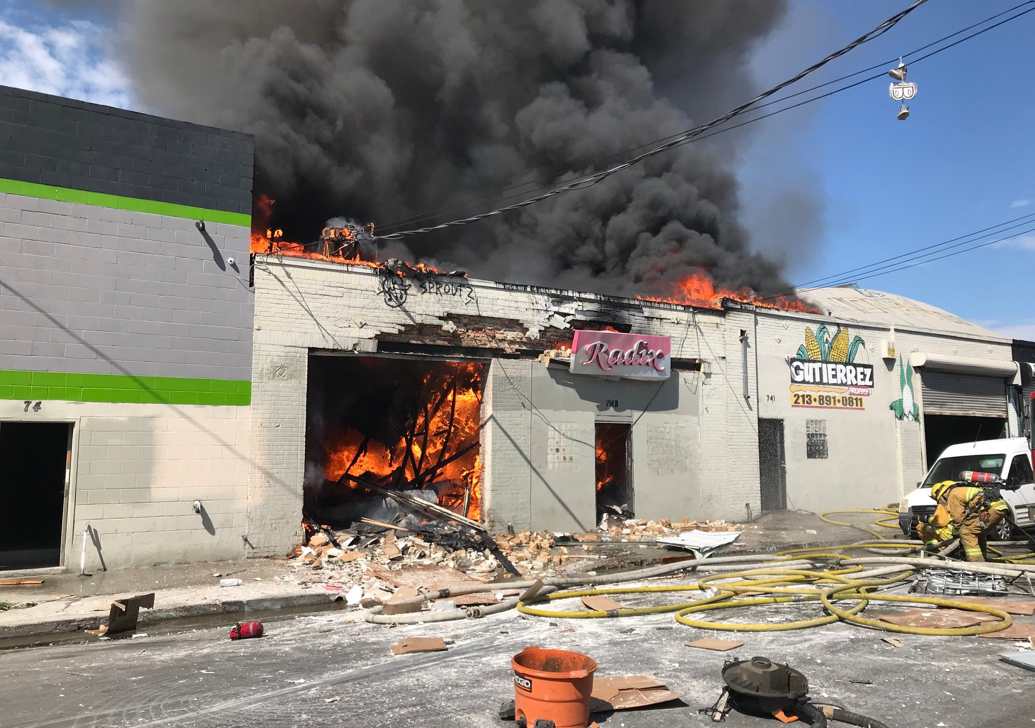 The Los Angeles Fire Department tweeted this photo of a burning building in a commercial area of downtown L.A. on Feb. 29, 2020.