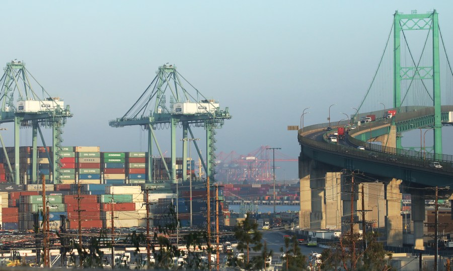 Shipping containers are stacked at the Port of Los Angeles, the nation's busiest container port, on Nov. 7, 2019. (Mario Tama/Getty Images)