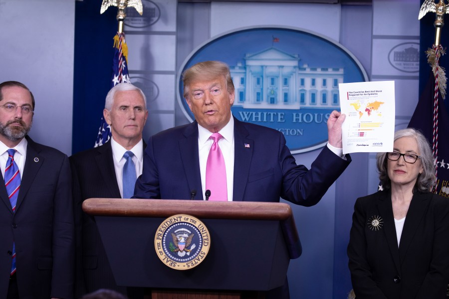 President Donald Trump speaks at the beginning of a new conference with members of the coronavirus task force, including Vice President Mike Pence in the Brady Press Briefing Room at the White House Feb. 26, 2020, in Washington, D.C. (Tasos Katopodis/Getty Images)