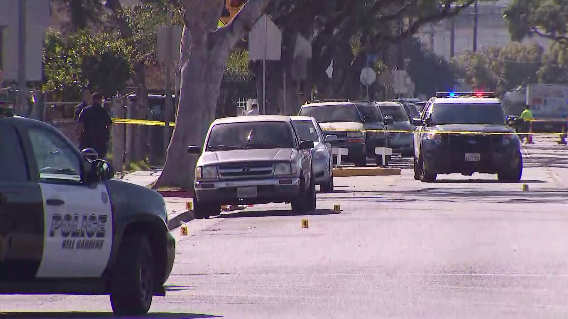 Police respond to an officer-involved shooting in Bell Gardens on Feb. 6, 2020. (Credit: KTLA)