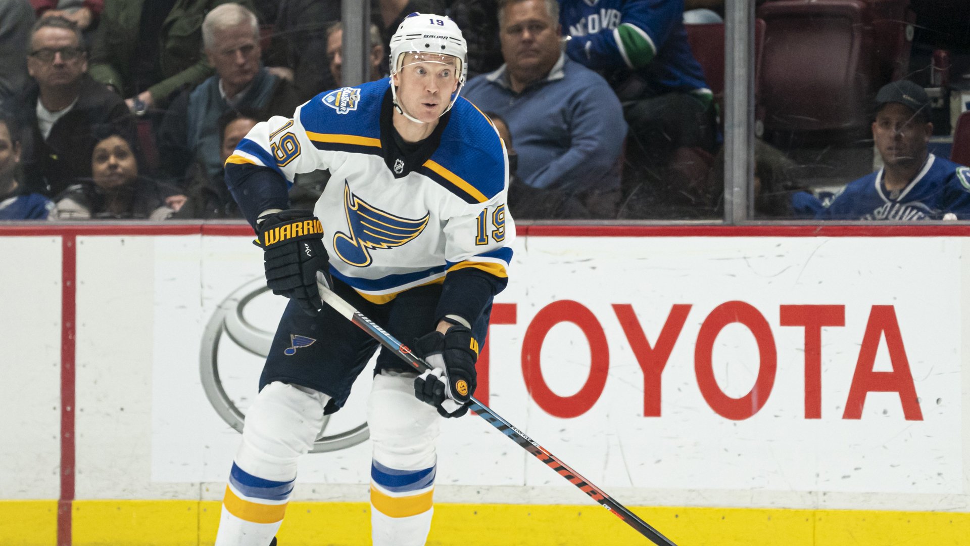 Jay Bouwmeester #19 of the St. Louis Blues skates with the puck during NHL action against the Vancouver Canucks at Rogers Arena on November 5, 2019 in Vancouver, Canada. (Credit: Rich Lam/Getty Images)