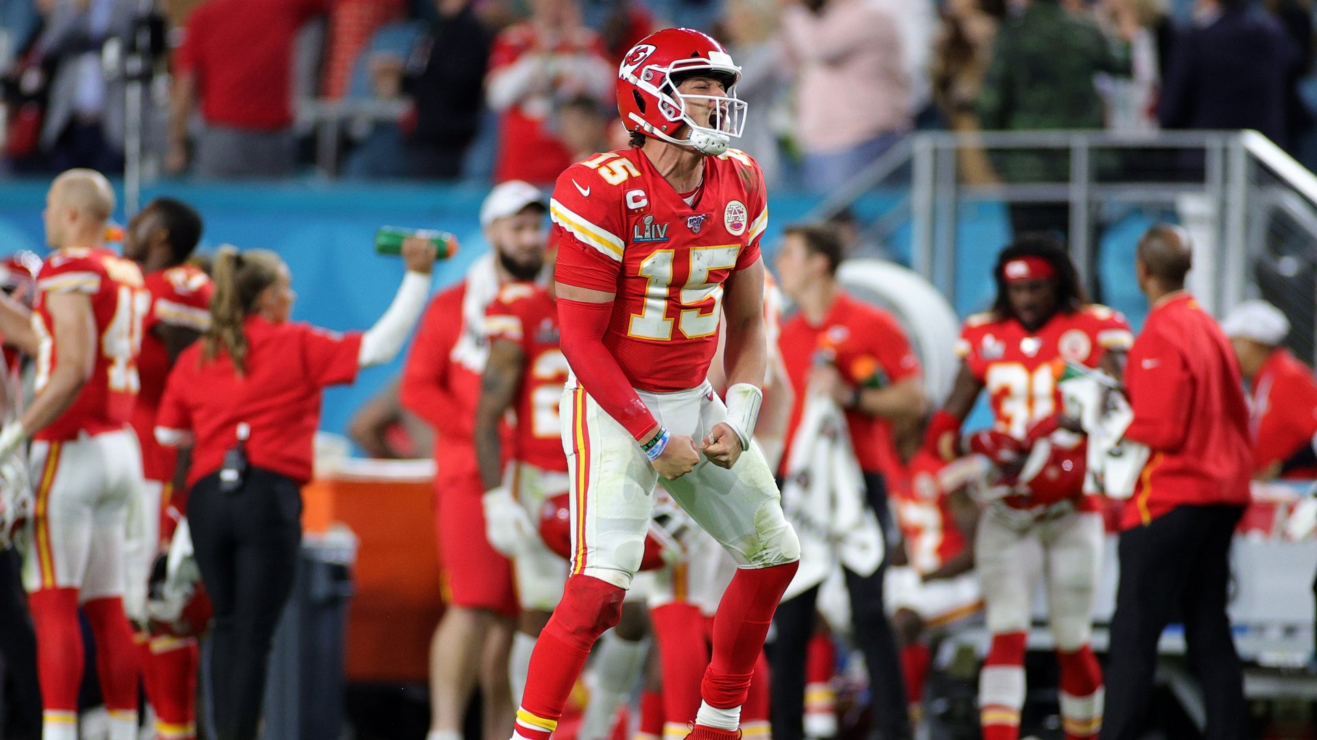 Patrick Mahomes #15 of the Kansas City Chiefs celebrates after throwing a touchdown pass against the San Francisco 49ers during the fourth quarter in Super Bowl LIV at Hard Rock Stadium on February 02, 2020 in Miami, Florida. (Credit: Maddie Meyer/Getty Images)