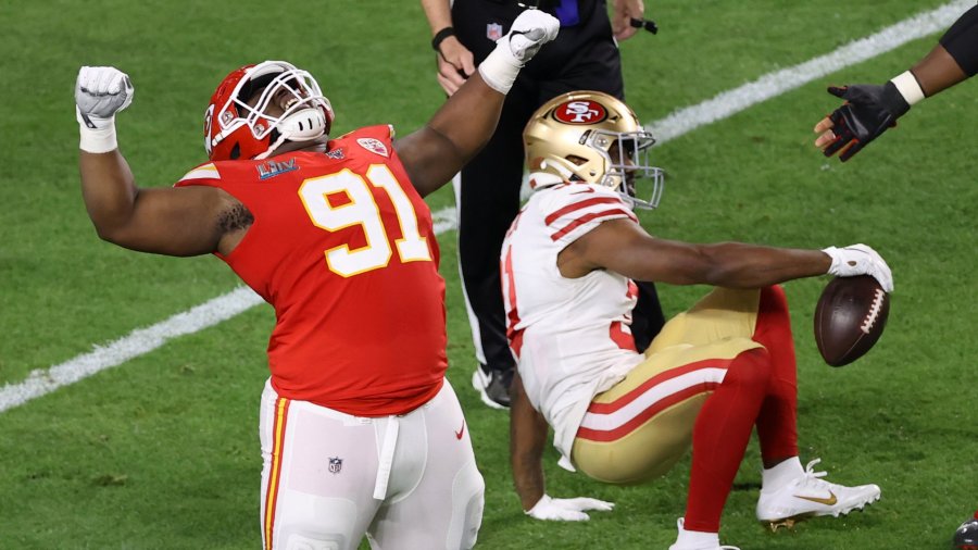 Derrick Nnadi of the Kansas City Chiefs reacts after a tackle against the San Francisco 49ers during the second quarter in Super Bowl LIV at Hard Rock Stadium on Feb. 02, 2020, in Miami. (Credit: Elsa/Getty Images)