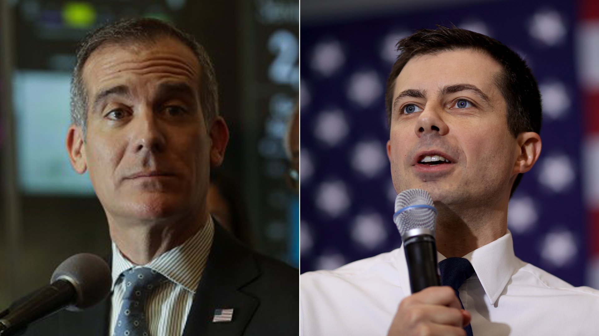 Los Angeles Mayor Eric Garcetti, left, speaks at a news conference in L.A. on Feb. 13, 2020. At right, Pete Buttigieg speaks at a event for his 2020 presidential campaign in Plymouth, New Hampshire, on Feb. 10, 2020. (Credit: Irfan Khan / Los Angeles Times and Win McNamee / Getty Images)