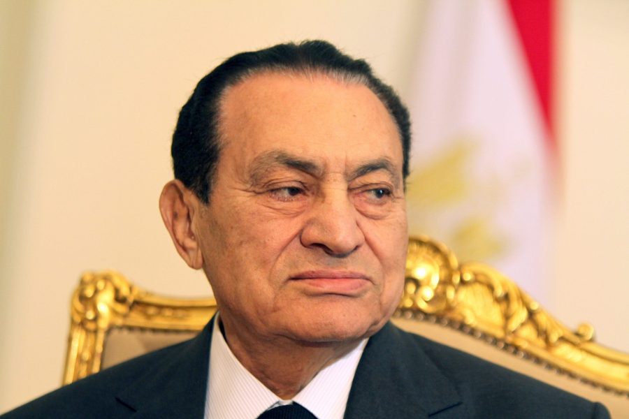 Egyptian President Hosni Mubarak meets with Emirates Foreign Minister Sheikh Abdullah bin Zayed al-Nahayan (unseen) in Cairo on February 8, 2011, as protests in the city continue for the 15th consecutive day calling for his resignation and an end to his regime. (Credit: KHALED DESOUKI/AFP via Getty Images)