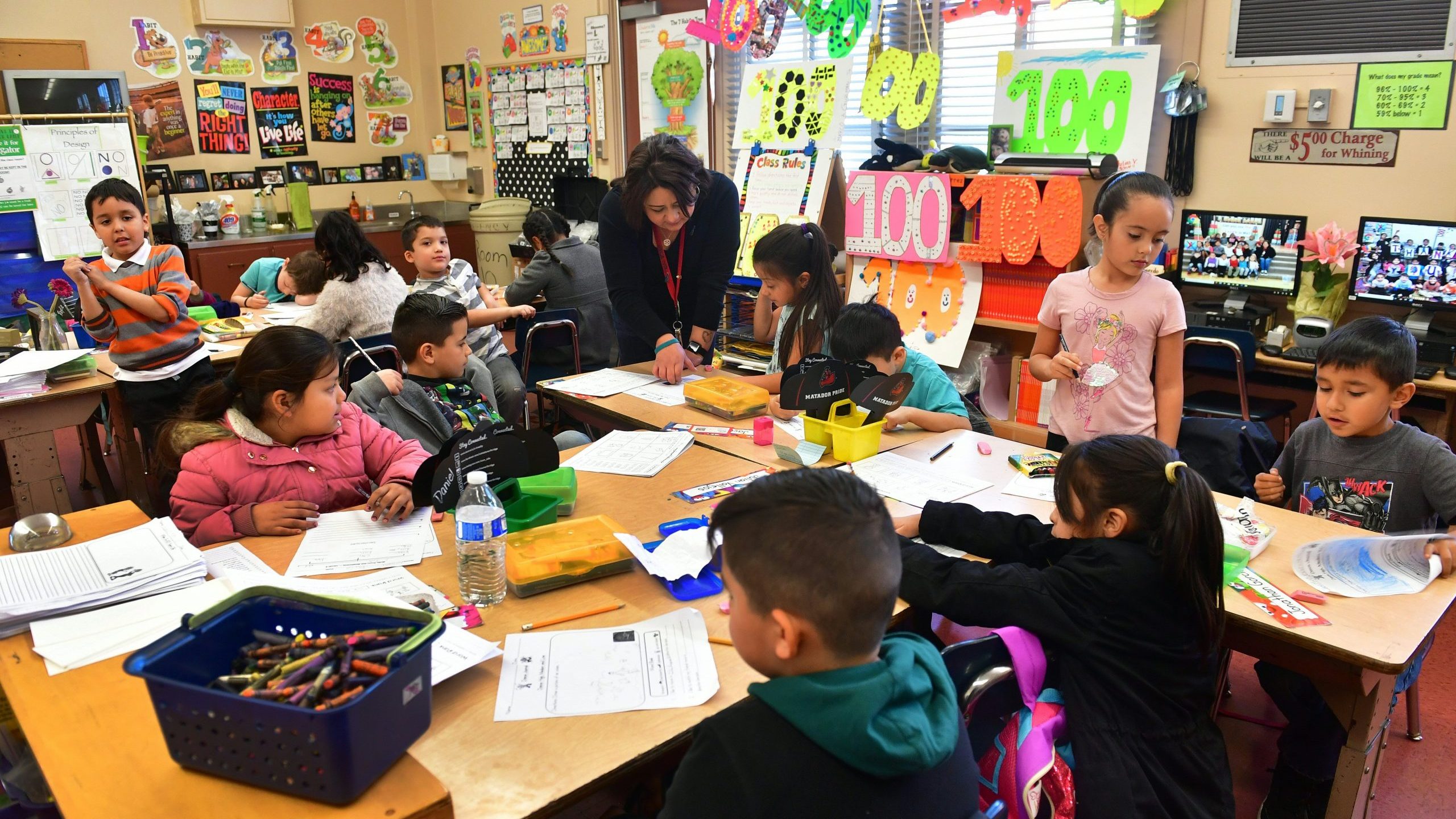 Telfair Elementary School first grade teacher Ms. Gutierrez works with her students on Feb. 8, 2019 in Pacoima. (Credit: FREDERIC J. BROWN/AFP via Getty Images)