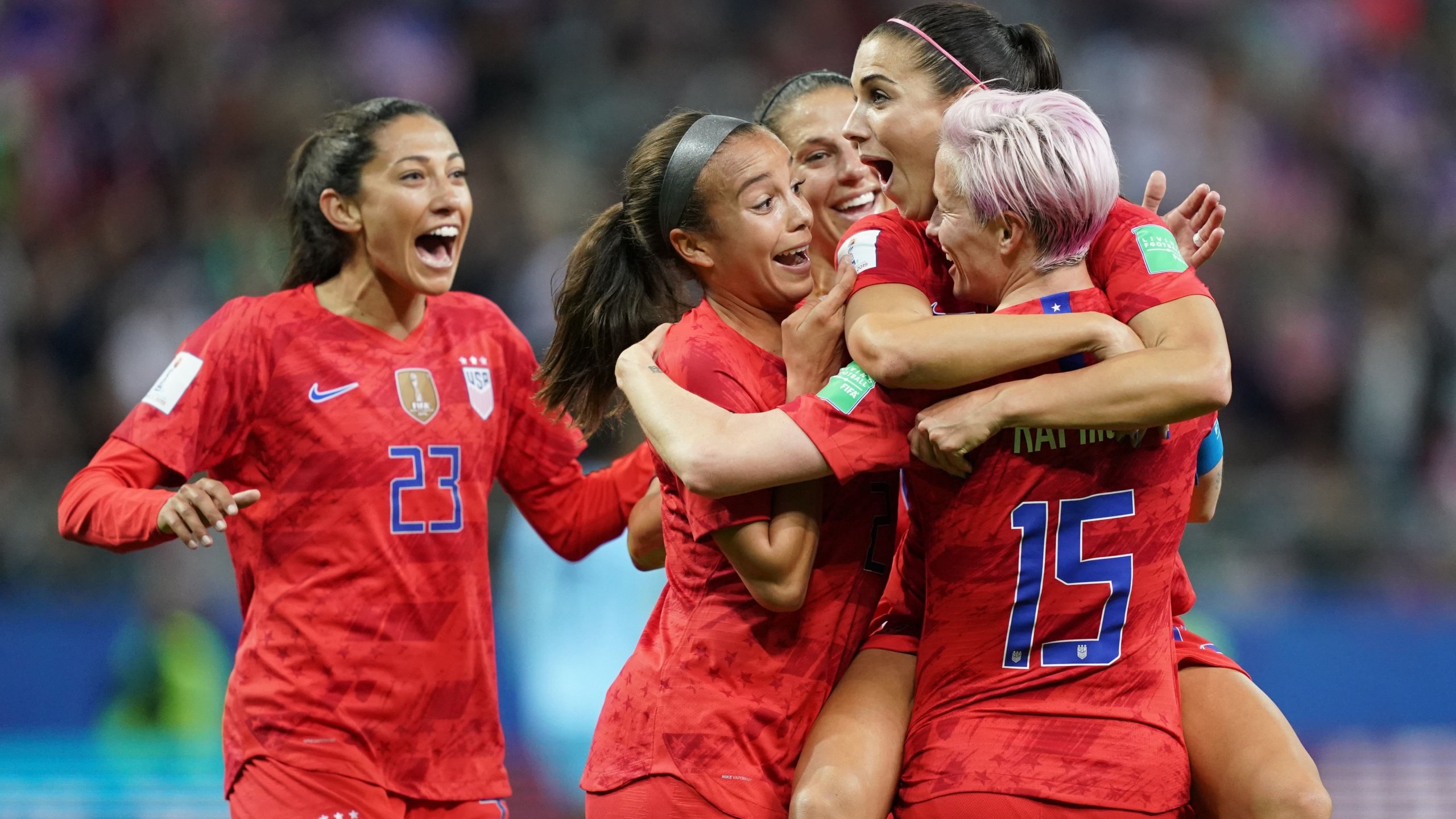 U.S. players celebrate a goal during the Women's World Cup match between USA and Thailand in Reims, France, on June 11, 2019. (Credit: Lionel Bonaventure / AFP / Getty Images)