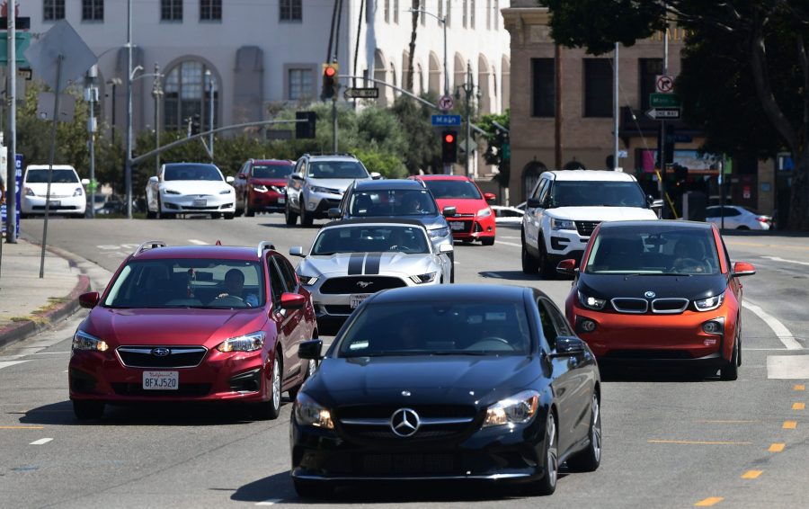 Drivers make their way along Sunset Boulevard in Los Angeles on Sept. 18, 2019. (Credit: Frederic J. Brown / AFP / Getty Images)