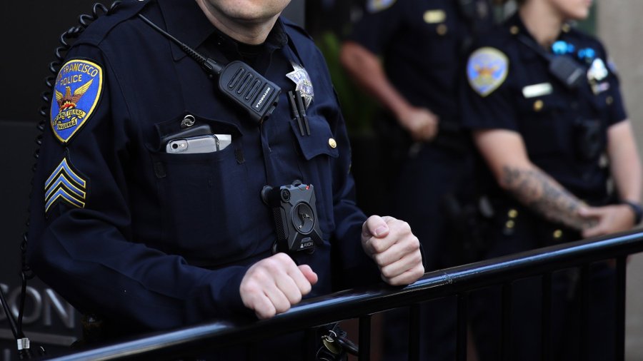 A San Francisco police officer monitors a protest on Aug. 27, 2019, in San Francisco. (Credit: Justin Sullivan/Getty Images)