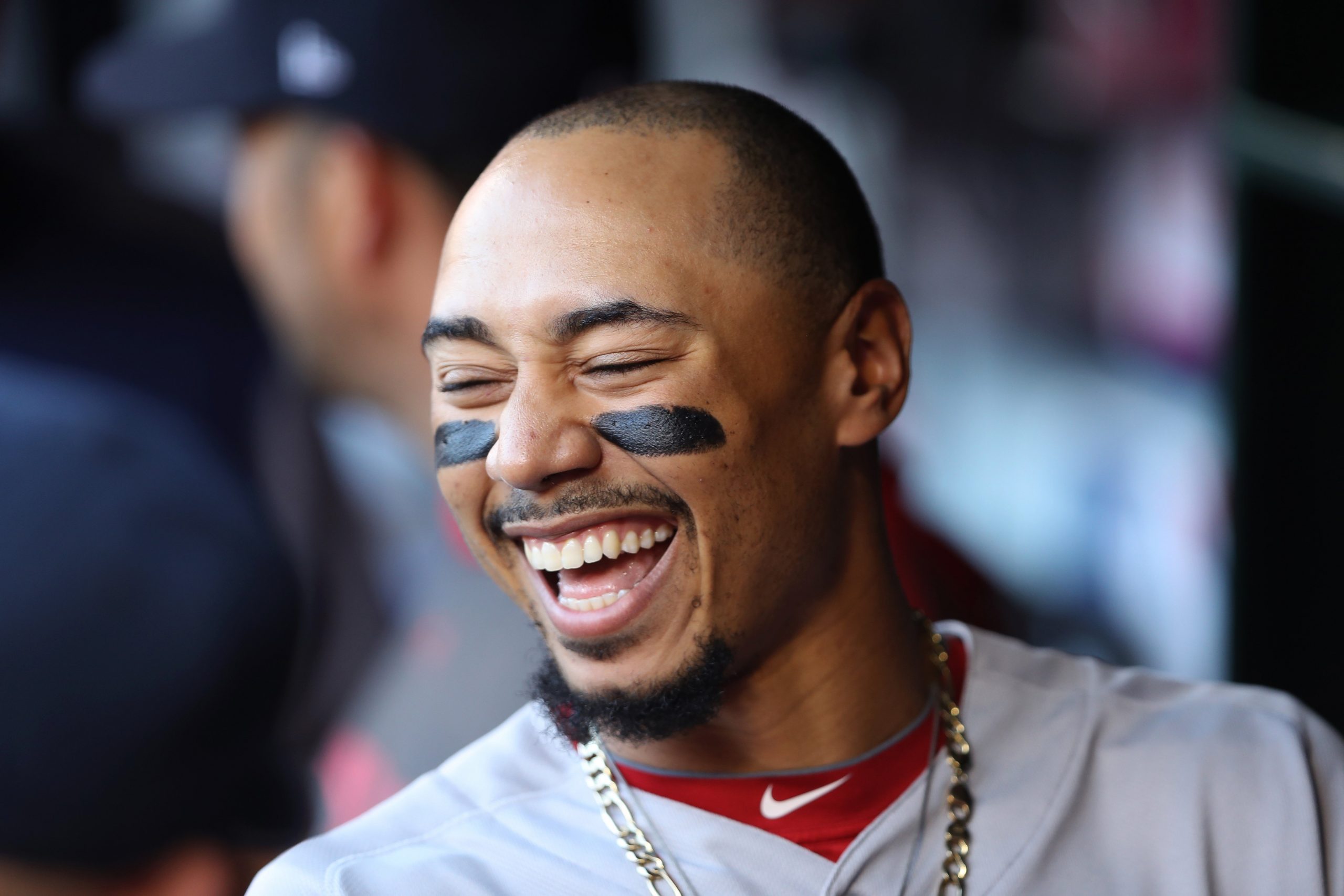 Mookie Betts #50 of the Boston Red Sox looks on from the dugout prior to a game against the Los Angeles Angels of Anaheim at Angel Stadium of Anaheim on August 31, 2019 in Anaheim, California. (Credit: Sean M. Haffey/Getty Images)