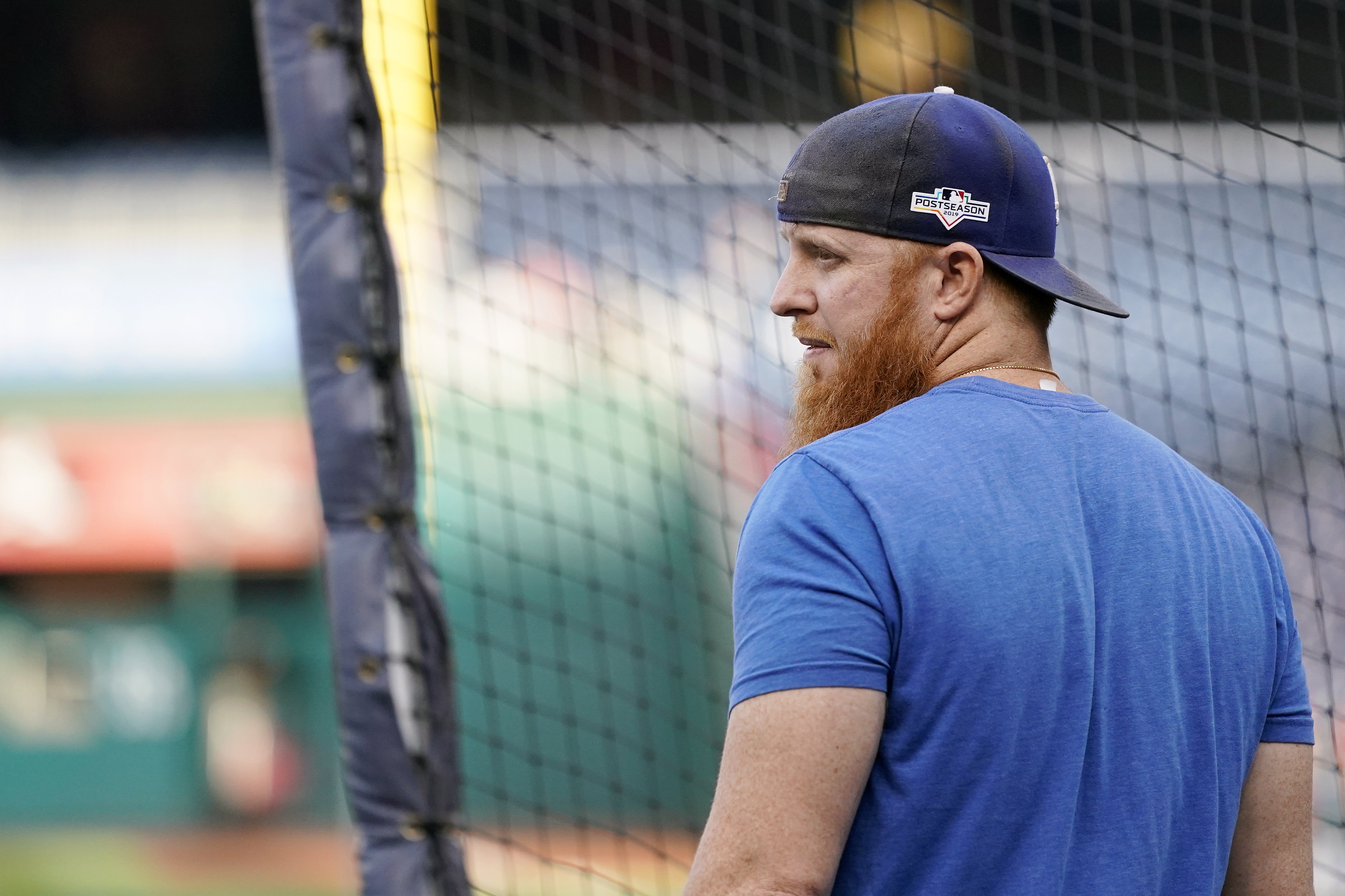 Justin Turner of the Los Angeles Dodgers takes batting practice before Game Four of the National League Divisional Series against the Washington Nationals at Nationals Park on Oct. 7, 2019. (Credit: Patrick McDermott/Getty Images)