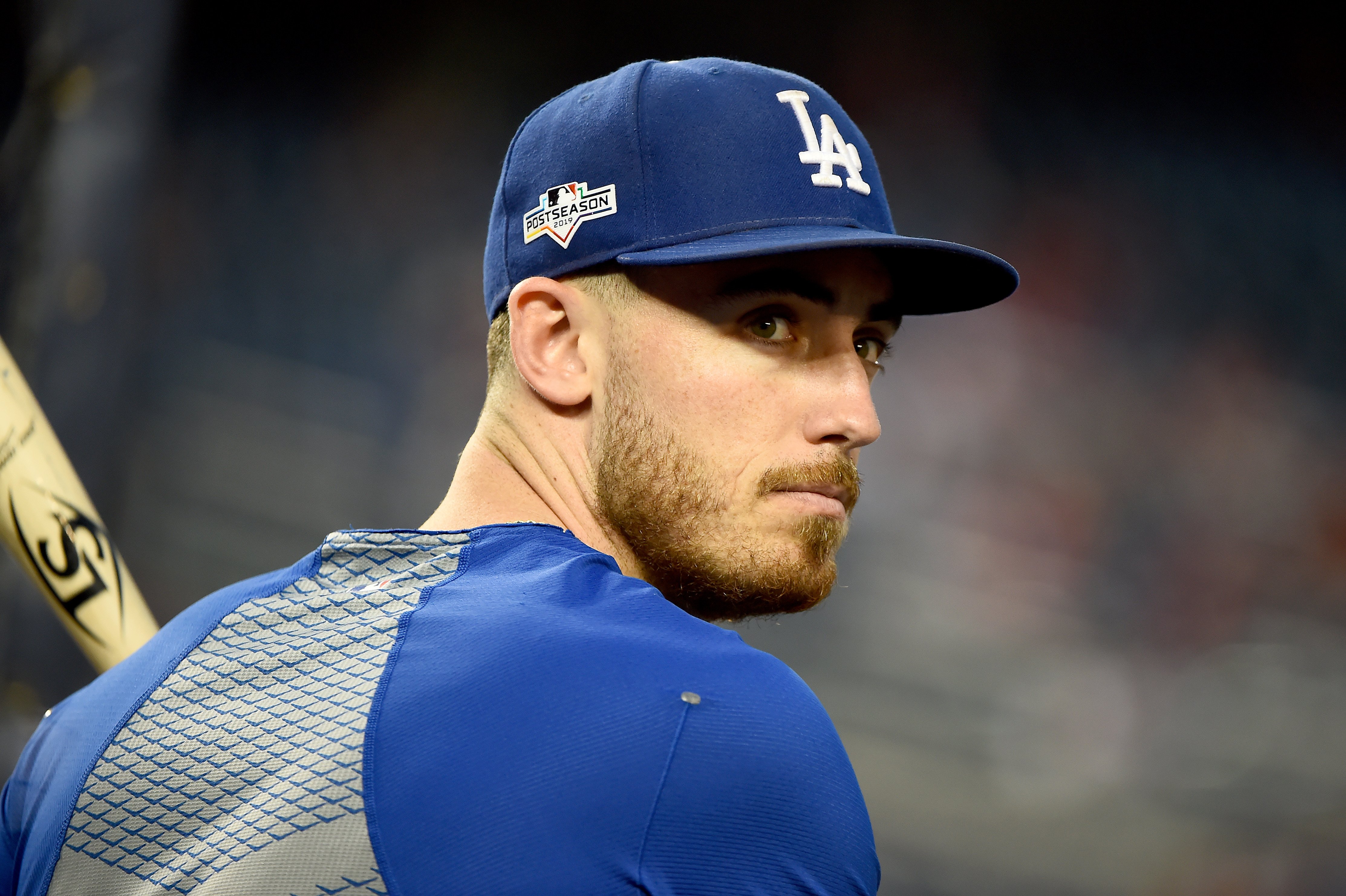 Cody Bellinger of the Los Angeles Dodgers looks on during batting practice prior to game three of the National League Division Series against the Washington Nationals at Nationals Park on Oct. 06, 2019.(Credit: Will Newton/Getty Images)