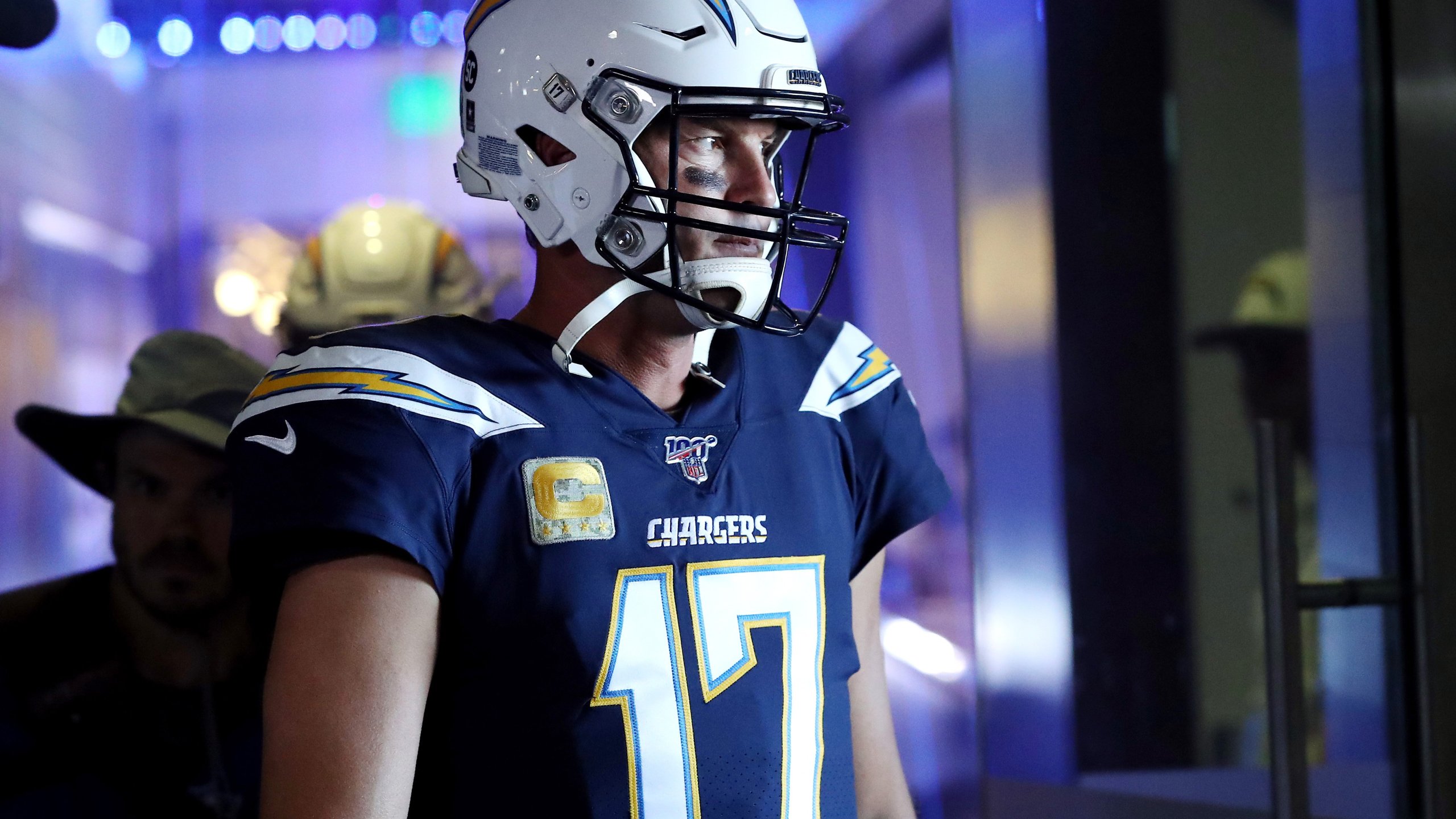 Philip Rivers the Los Angeles Chargers walks to the field before the game against the Green Bay Packers at Dignity Health Sports Park on Nov. 3, 2019 in Carson. (Credit: Sean M. Haffey/Getty Images)