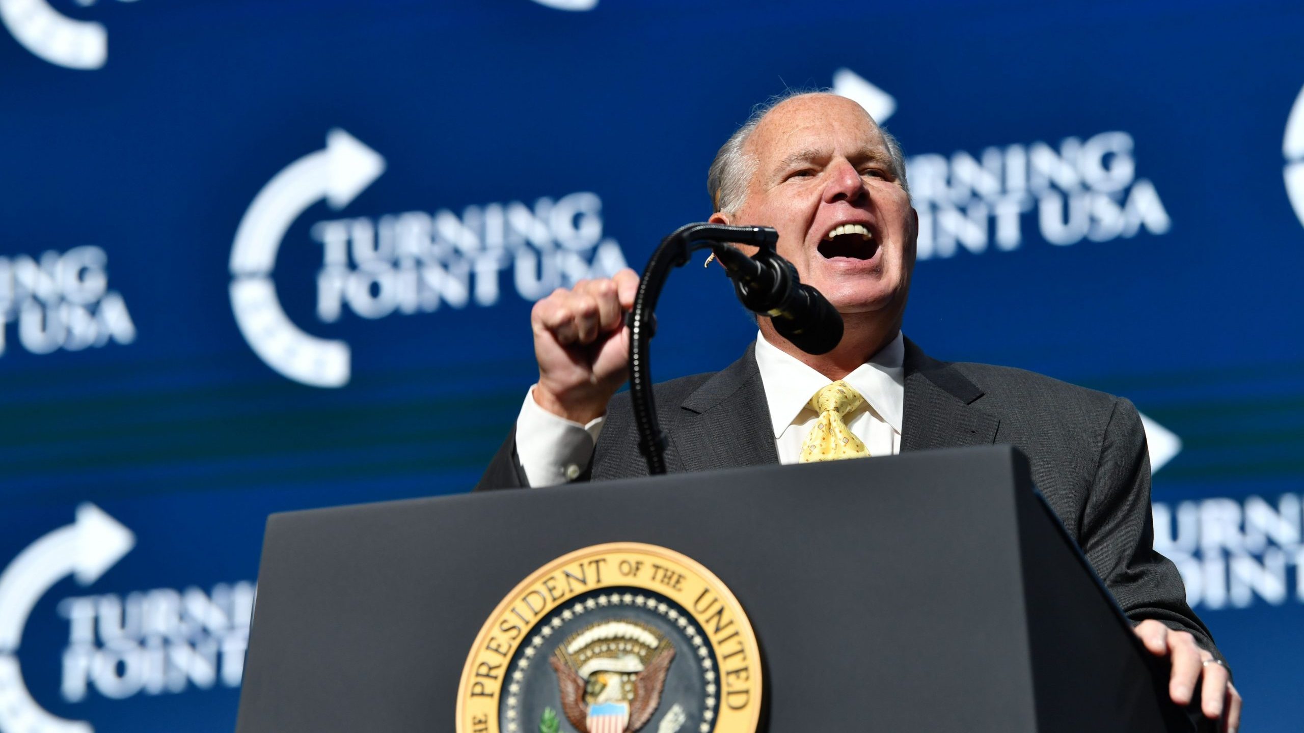 Rush Limbaugh speaks before U.S. President Donald Trump takes the stage during the Turning Point USA Student Action Summit at the Palm Beach County Convention Center in West Palm Beach, Florida on Dec. 21, 2019. (Credit: NICHOLAS KAMM/AFP via Getty Images)