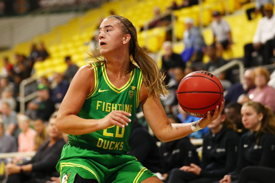 Sabrina Ionescu of the Oregon Ducks moves the ball during a game against Long Beach State at Walter Pyramid on Dec. 14, 2019. (Credit: Joe Scarnici / Getty Images)