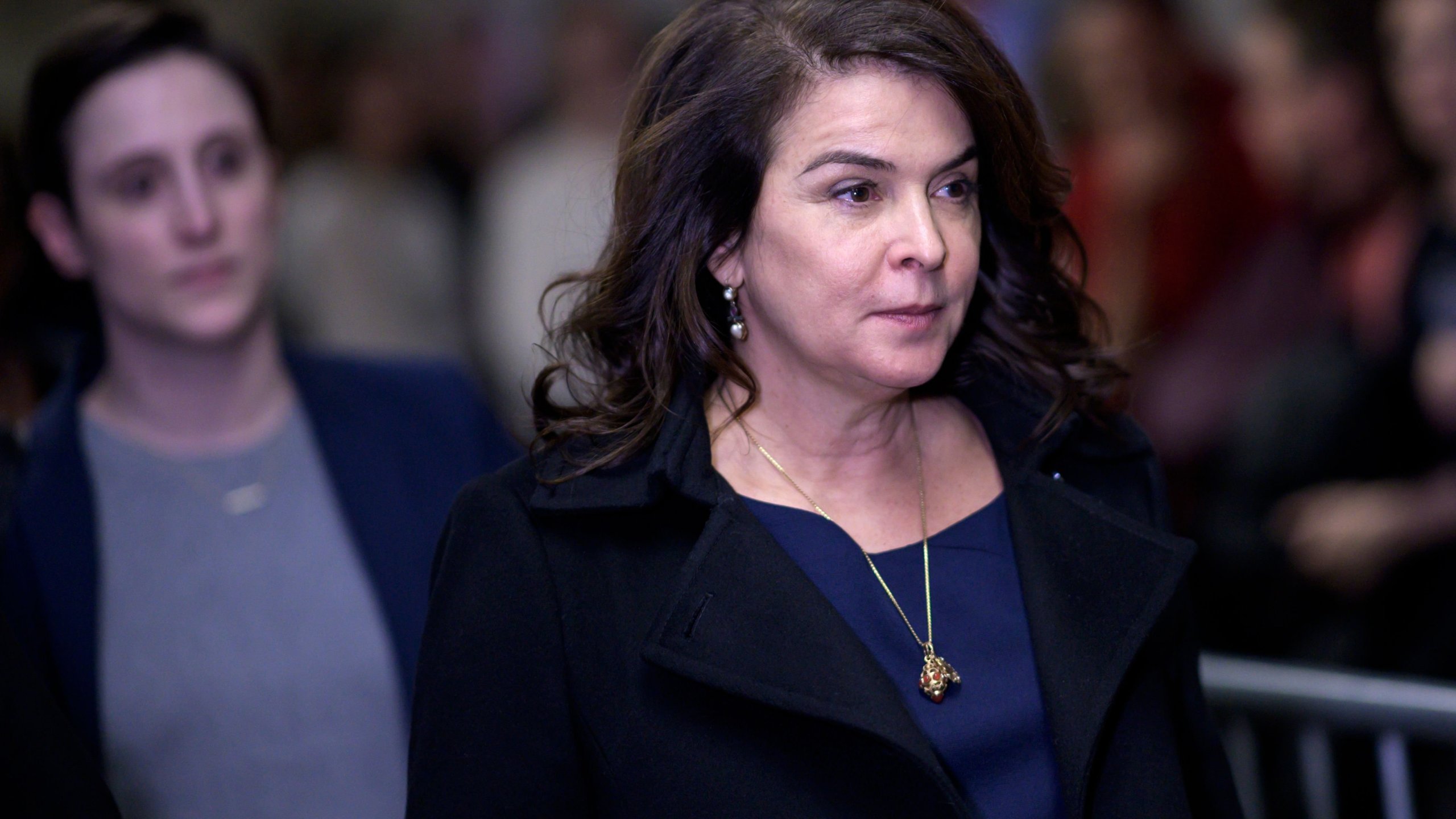 Actress Annabella Sciorra arrives in Manhattan Criminal Court, on January 23, 2020 in New York City. (Credit: JOHANNES EISELE/AFP via Getty Images)