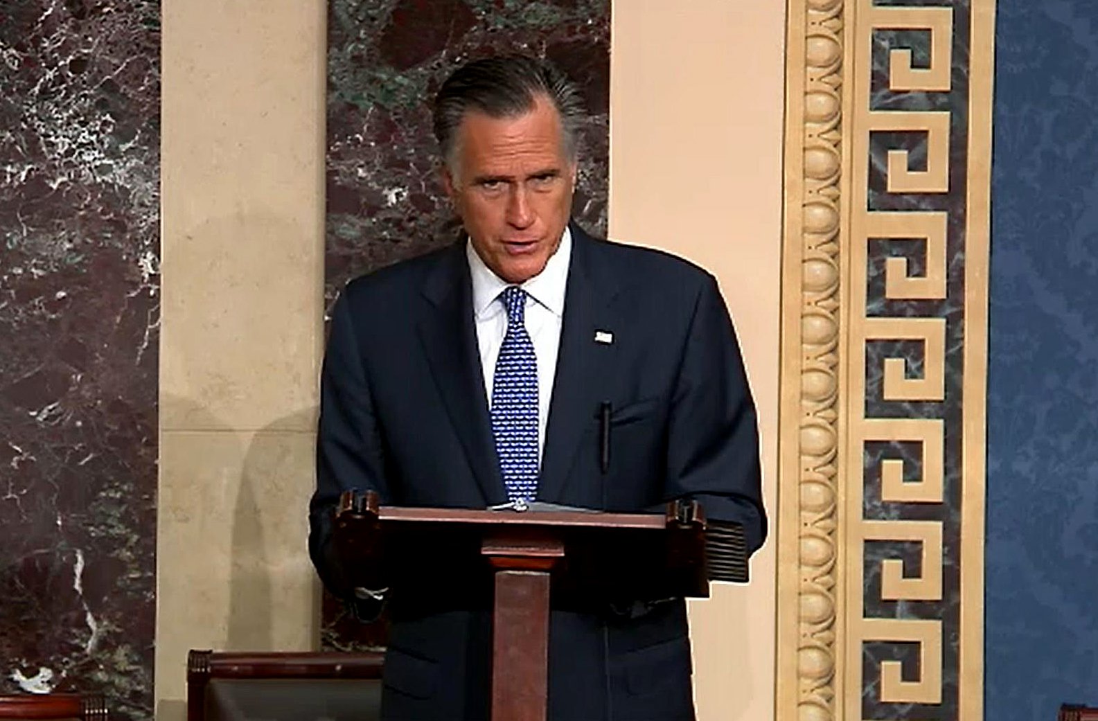 In this screengrab taken from a Senate Television webcast, Sen. Mitt Romney (R-UT) talks at the U.S. Capitol on February 5, 2020 in Washington, DC. (Credit: Senate Television via Getty Images)