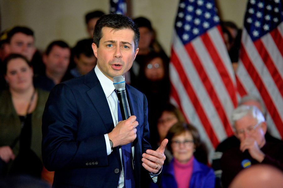 US Presidential Candidate and former South Bend, Indiana mayor Pete Buttigieg speaks to veterans and members of the public at a town hall event at the American Legion Post 98 in Merrimack, New Hampshire on February 6, 2020. (Credit: JOSEPH PREZIOSO/AFP via Getty Images)