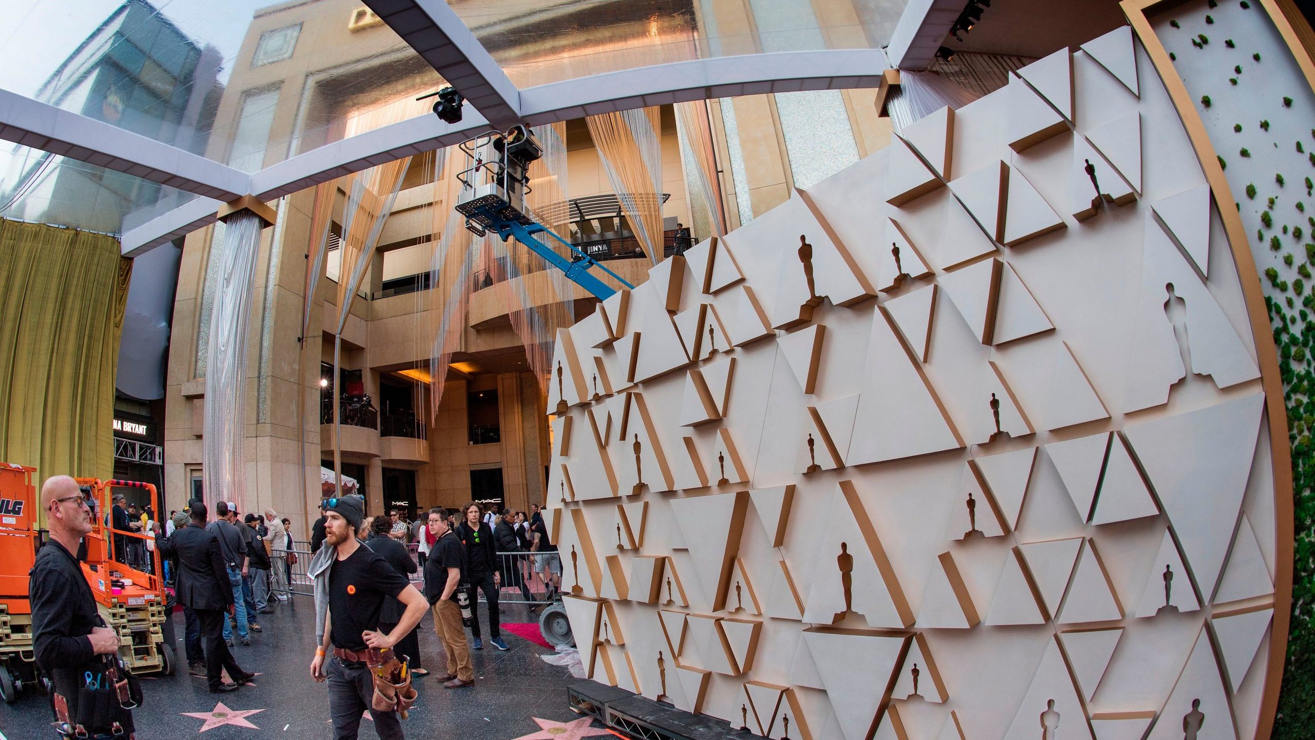 Preparations are made on the red carpet before the 92nd Oscars ceremony at the Dolby Theatre in Hollywood on Feb. 7, 2020. (Credit: MARK RALSTON/AFP via Getty Images)