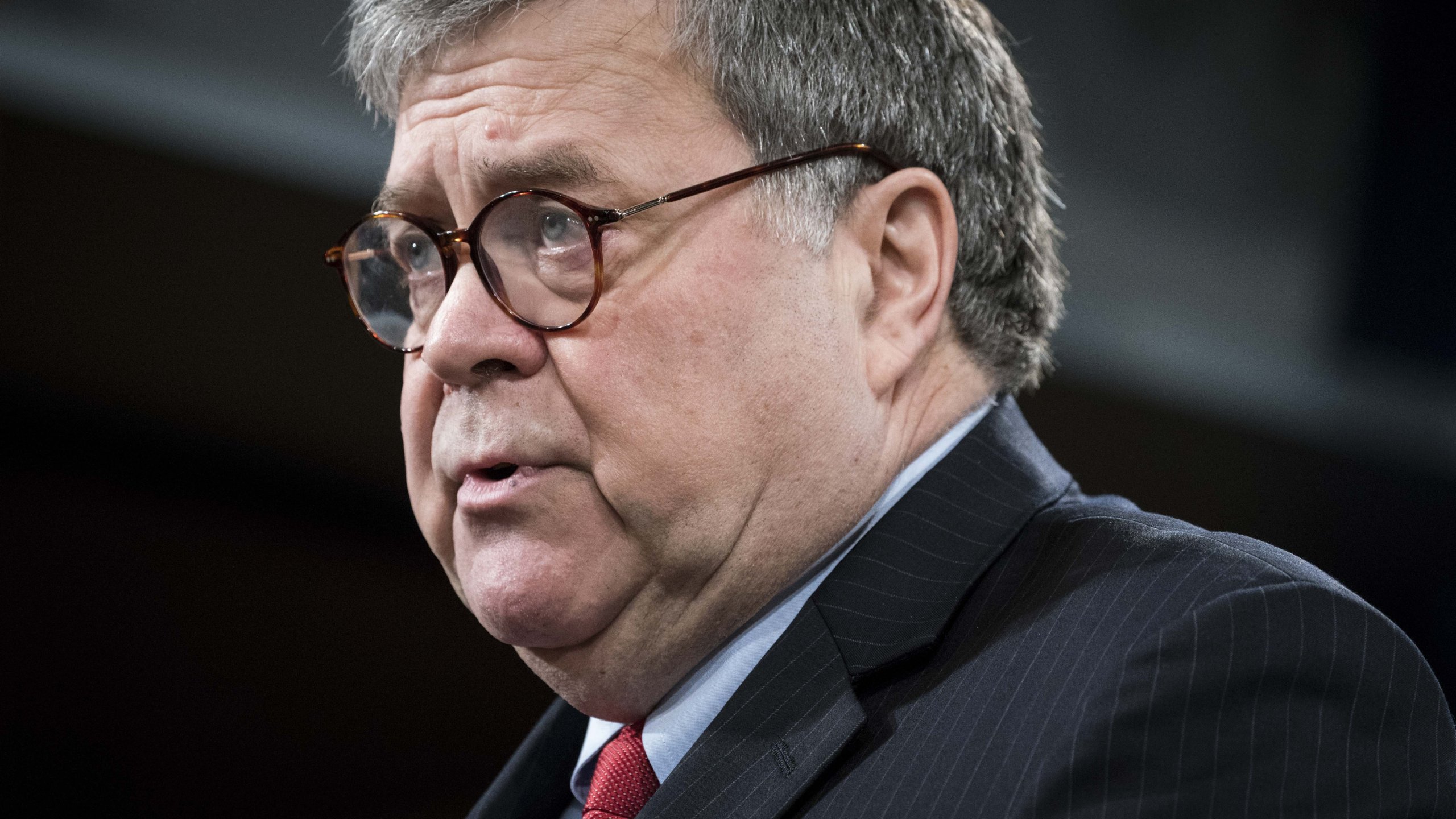 Attorney General William Barr participates in a press conference at the Department of Justice on February 10, 2020. (Credit: Sarah Silbiger/Getty Images)