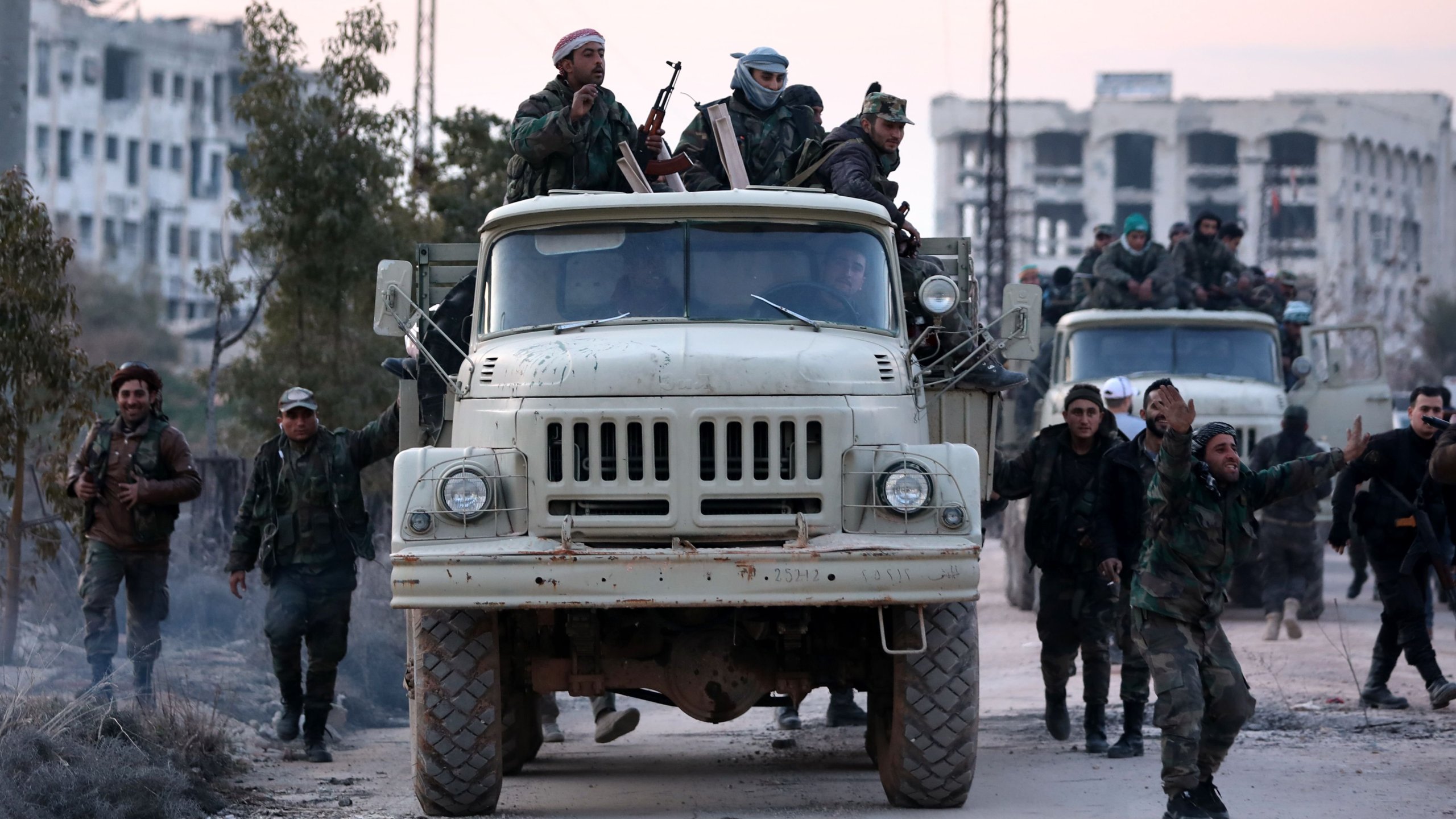 A picture taken during a guided tour organized by the Syrian army shows regime forces in the area of al-Lirmoun, north of Aleppo, on Feb. 17, 2020. (Credit: Louai Beshara / AFP / Getty Images)