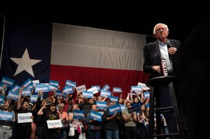 Democratic presidential hopeful Vermont Sen. Bernie Sanders speaks during a rally at the Abraham Chavez Theater on Feb. 22, 2020, in El Paso, Texas. (Credit: PAUL RATJE/AFP via Getty Images)