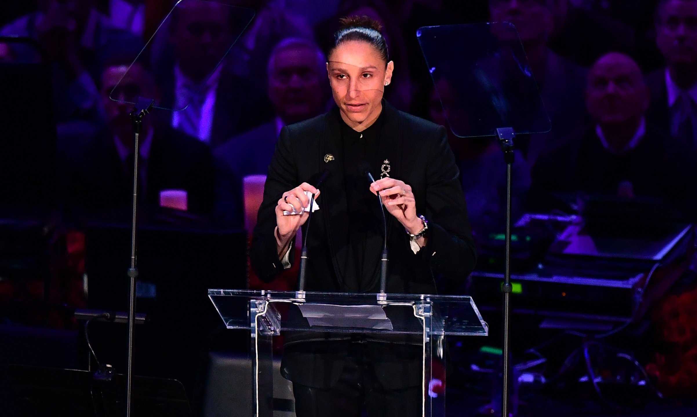 US basketball player Diana Taurasi speaks during the "Celebration of Life for Kobe and Gianna Bryant" service at Staples Center on Feb. 24, 2020. (Credit: FREDERIC J. BROWN/AFP via Getty Images)