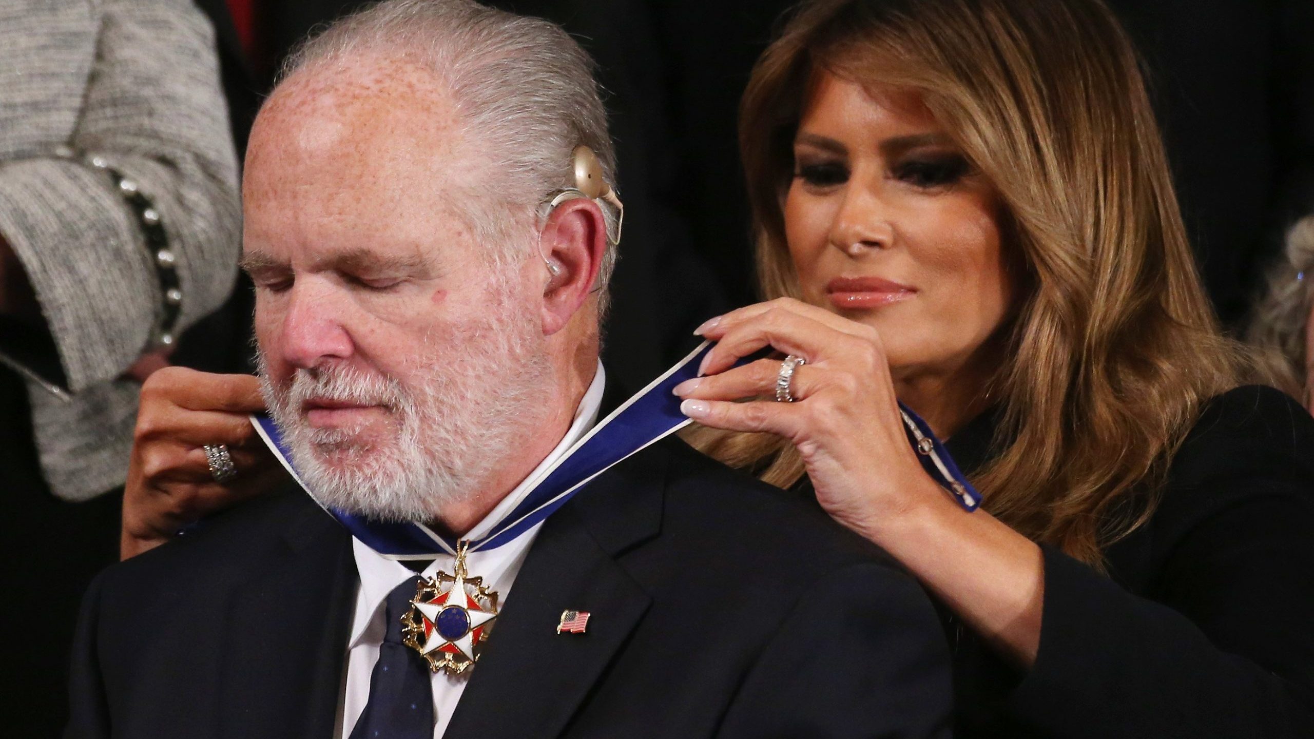 Radio personality Rush Limbaugh reacts as first lady Melania Trump gives him the Presidential Medal of Freedom during the State of the Union address on Feb. 4, 2020. (Credit: Mario Tama / Getty Images)