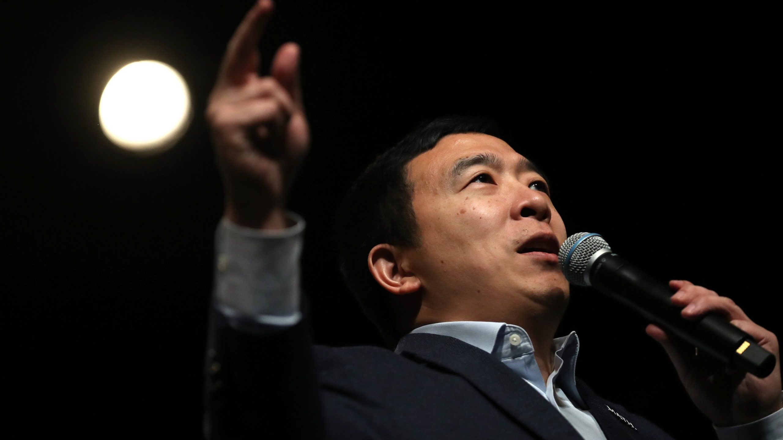 Democratic presidential candidate Andrew Yang speaks during a campaign event in Keene, New Hampshire on Feb. 5, 2020. (Credit: Justin Sullivan/Getty Images)