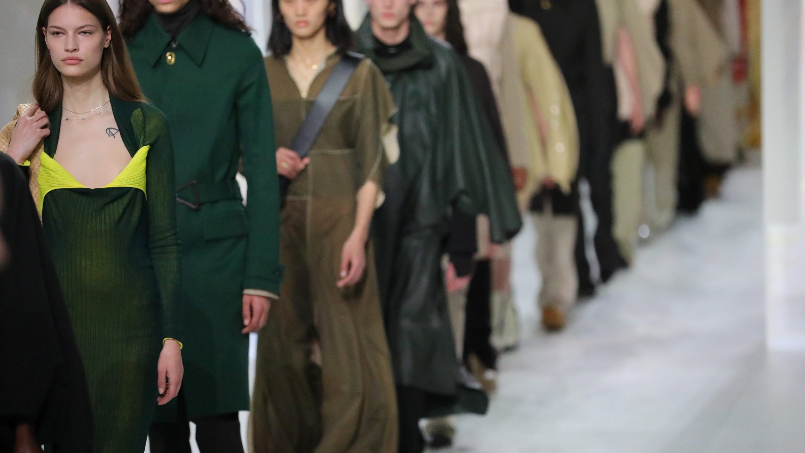 Models walk the runway during the Bottega Veneta fashion show as part of Milan Fashion Week Fall/Winter 2020-2021 on Feb. 22, 2020, in Milan, Italy. (Credit: Vittorio Zunino Celotto/Getty Images)