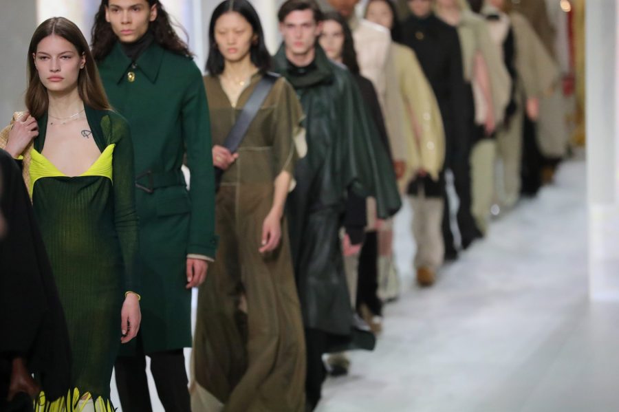 Models walk the runway during the Bottega Veneta fashion show as part of Milan Fashion Week Fall/Winter 2020-2021 on Feb. 22, 2020, in Milan, Italy. (Credit: Vittorio Zunino Celotto/Getty Images)