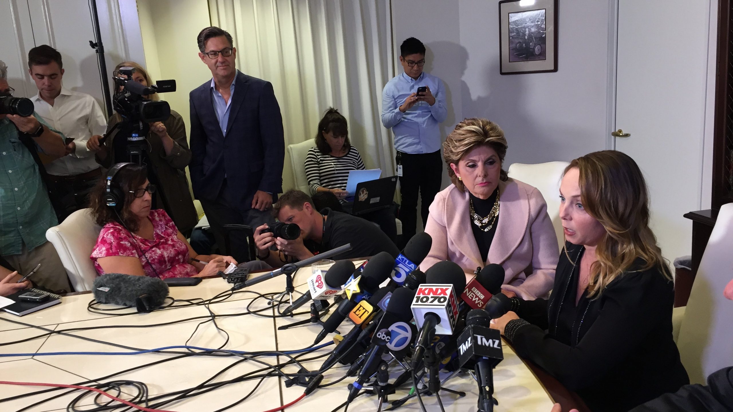 Former actress and screenwriter Louisette Geiss speaks at a press conference with lawyer Gloria Allred on Oct. 10, 2017, in Los Angeles. (Credit: JAVIER TOVAR/AFP via Getty Images)