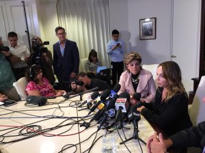 Former actress and screenwriter Louisette Geiss speaks at a press conference with lawyer Gloria Allred on Oct. 10, 2017, in Los Angeles.  (Credit: JAVIER TOVAR/AFP via Getty Images)