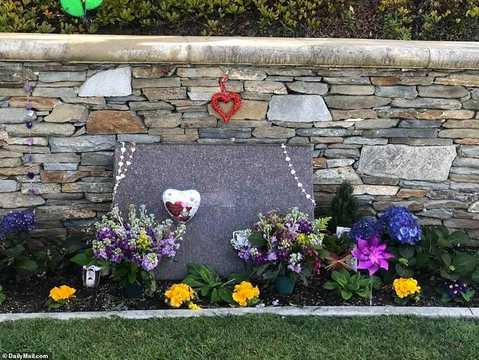 An unmarked headstone surrounded by purple and yellow flowers is seen at Pacific View Memorial Park and Mortuary. (Credit: Daily Mail)