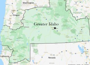 This map, courtesy of the group Greater Idaho, details the proposed boundary adjustment, adding counties from Oregon and California.