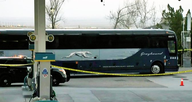 Authorities investigate a fatal shooting aboard a Greyhound Bus on Feb. 3, 2020. (Credit: KTLA)